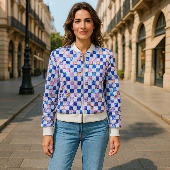 Forever 21 Sequin Checkered Bomber Jacket Size Medium NWT - Picture 2 of 3